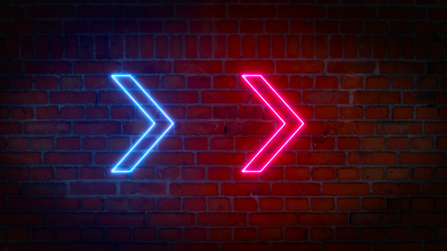 Glowing neon arrows on brick wall background